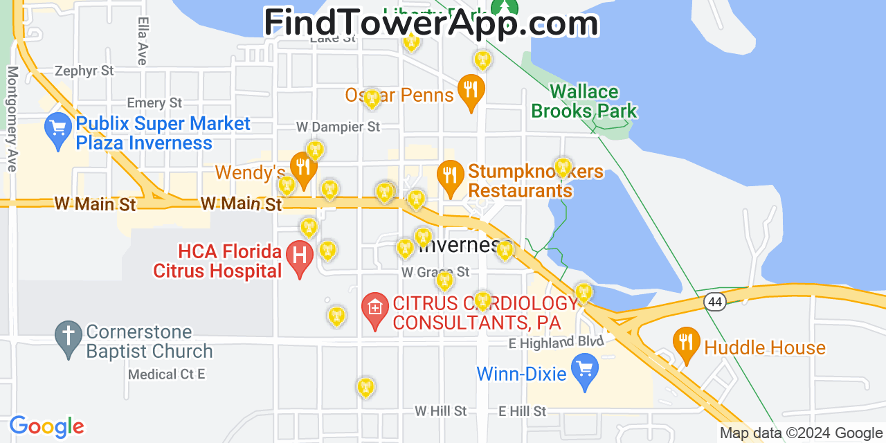 AT&T 4G/5G cell tower coverage map Inverness, Florida