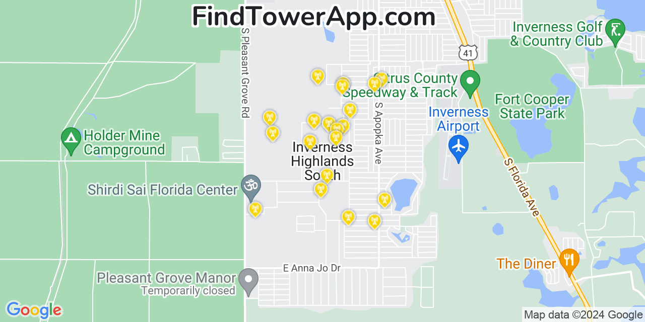 AT&T 4G/5G cell tower coverage map Inverness Highlands South, Florida