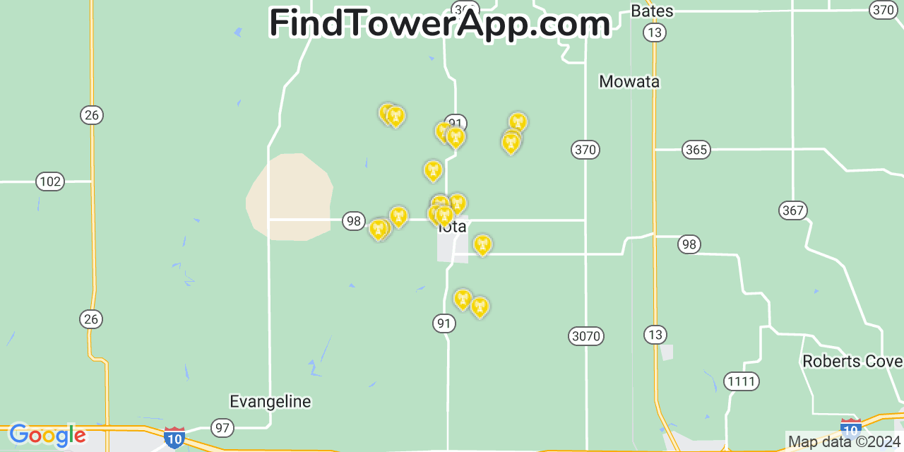 AT&T 4G/5G cell tower coverage map Iota, Louisiana