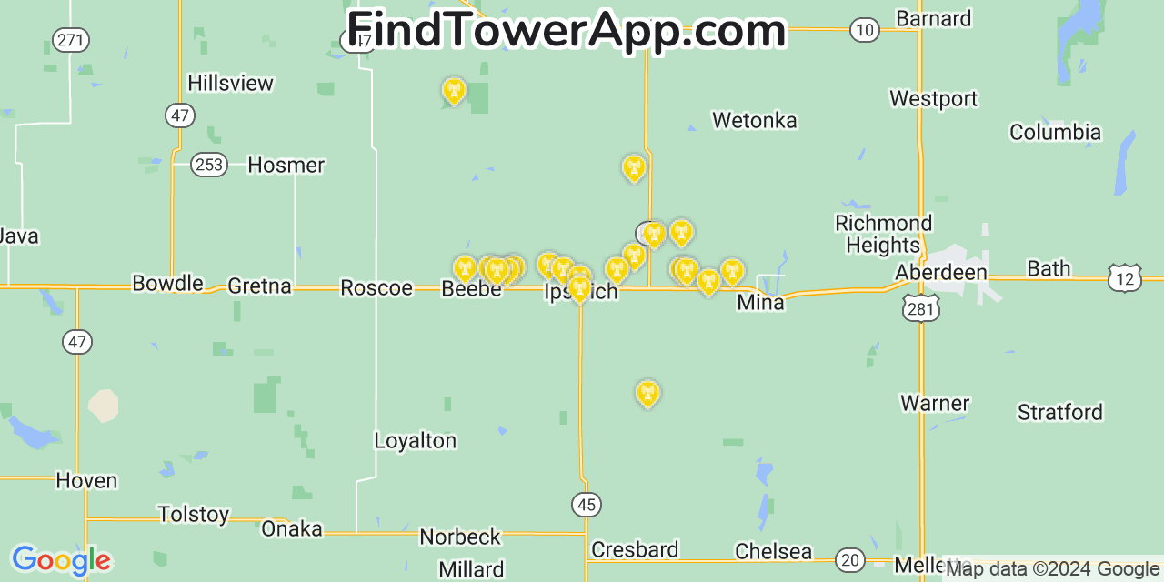 AT&T 4G/5G cell tower coverage map Ipswich, South Dakota