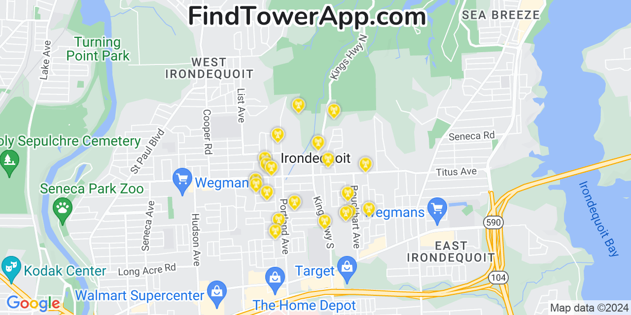 AT&T 4G/5G cell tower coverage map Irondequoit, New York