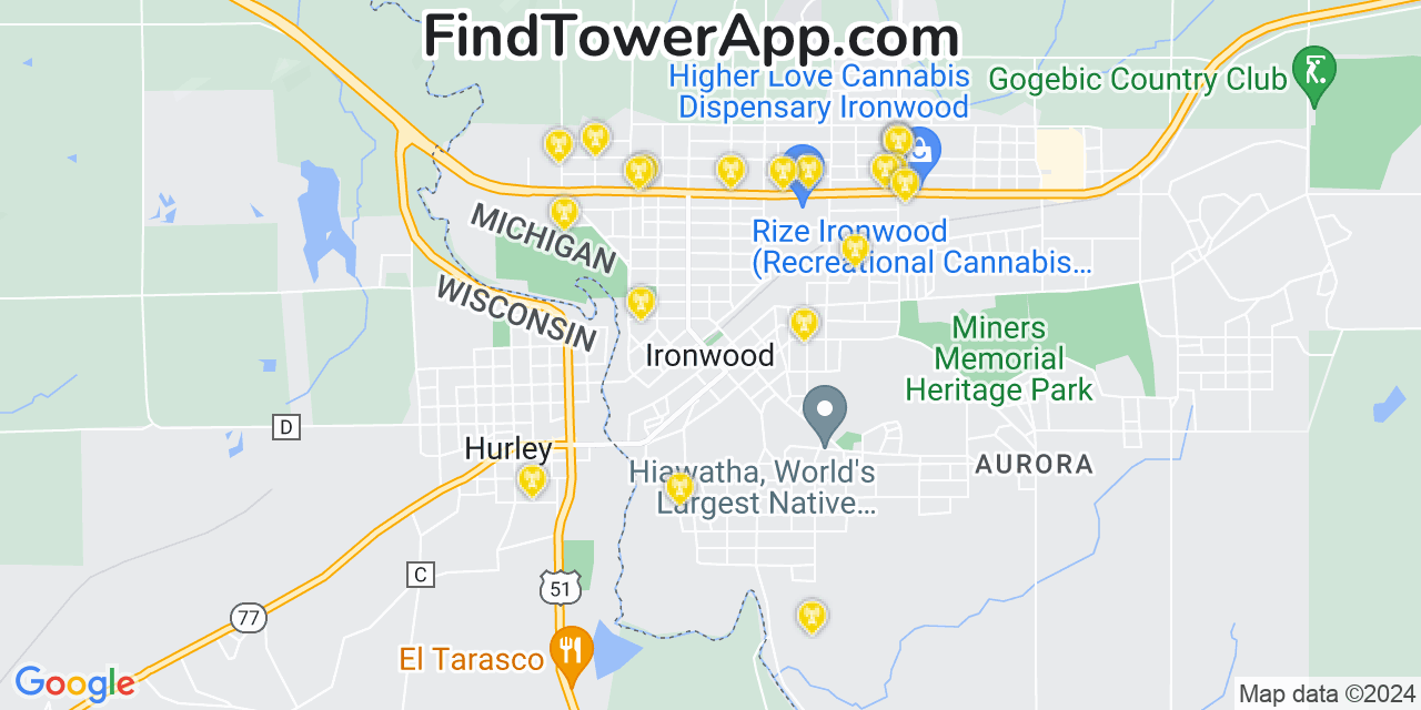 AT&T 4G/5G cell tower coverage map Ironwood, Michigan