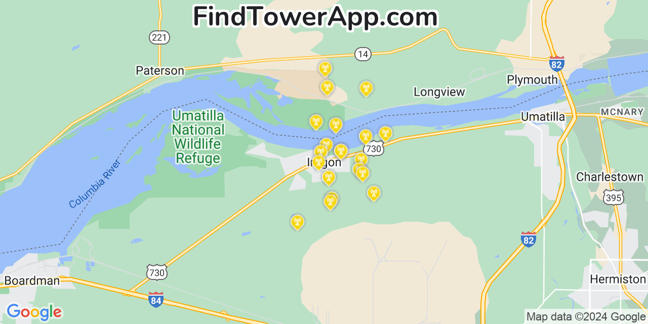 AT&T 4G/5G cell tower coverage map Irrigon, Oregon