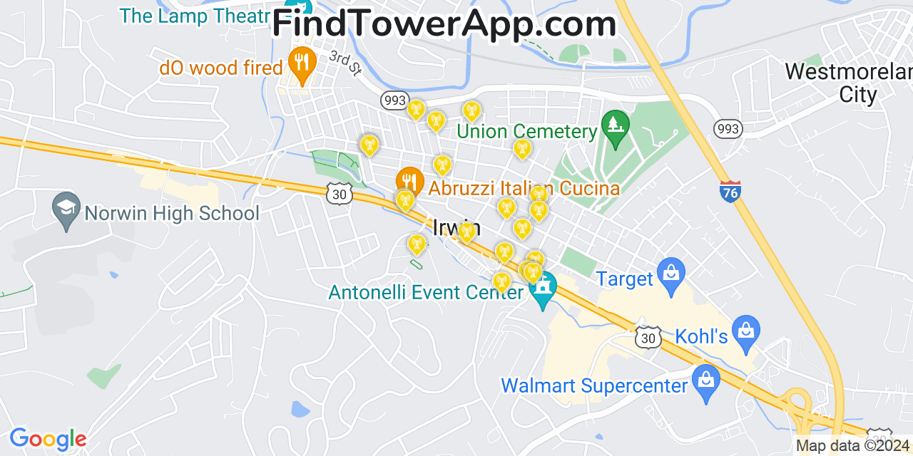 AT&T 4G/5G cell tower coverage map Irwin, Pennsylvania