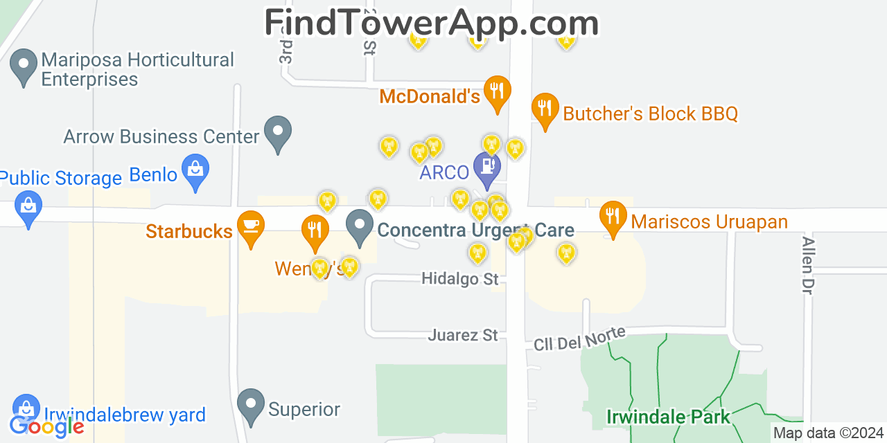 AT&T 4G/5G cell tower coverage map Irwindale, California
