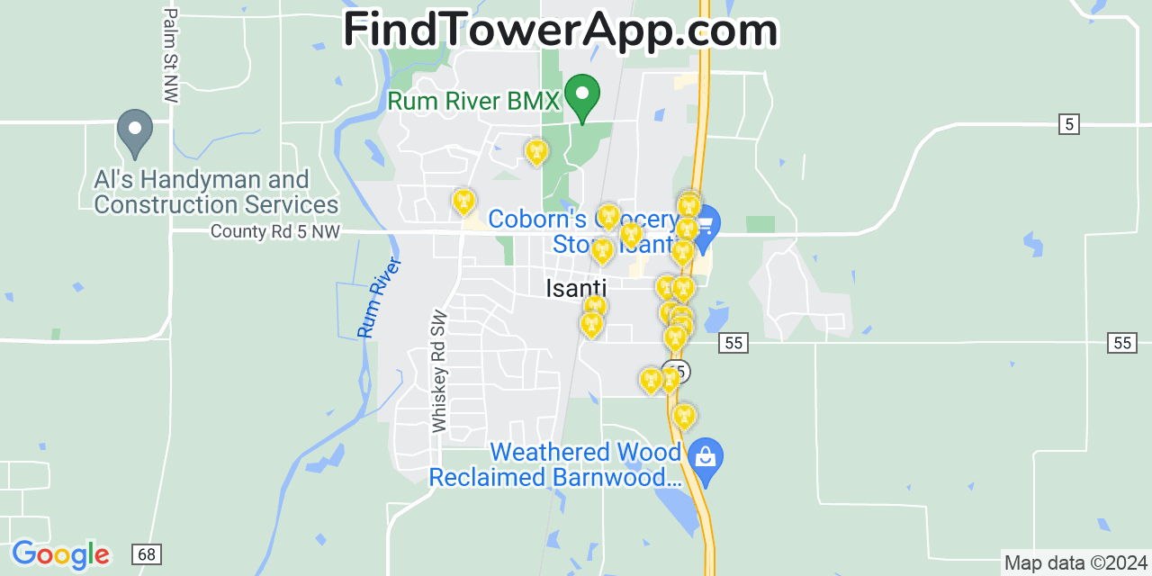 AT&T 4G/5G cell tower coverage map Isanti, Minnesota