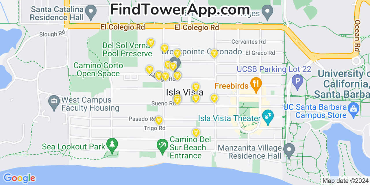 Verizon 4G/5G cell tower coverage map Isla Vista, California
