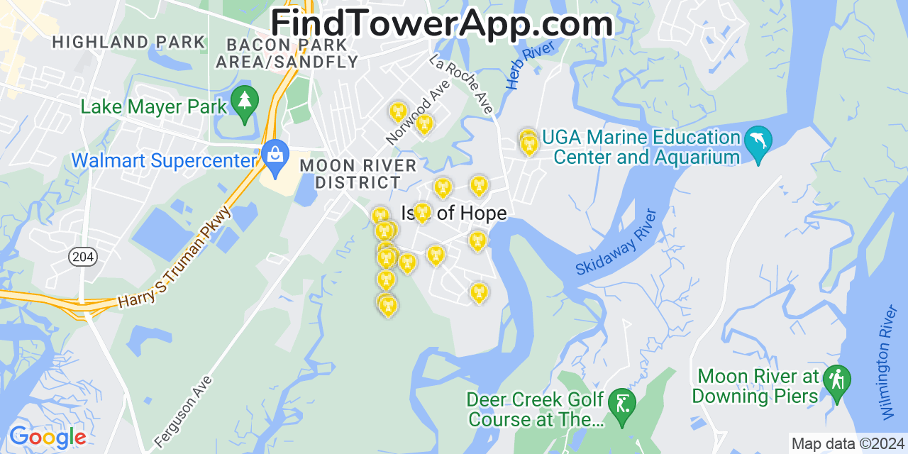 AT&T 4G/5G cell tower coverage map Isle of Hope, Georgia