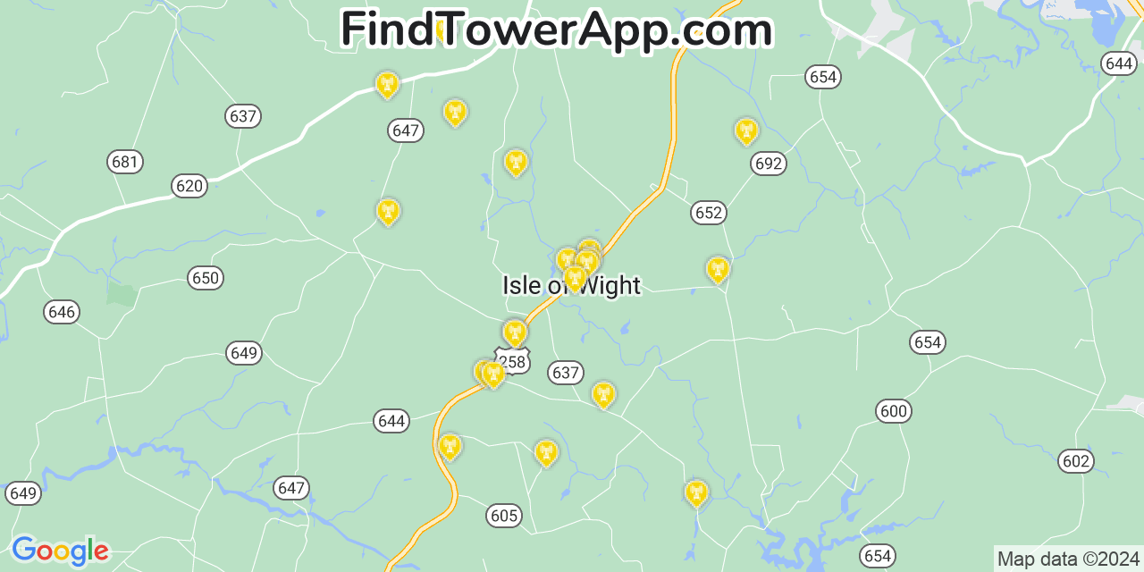 AT&T 4G/5G cell tower coverage map Isle of Wight, Virginia