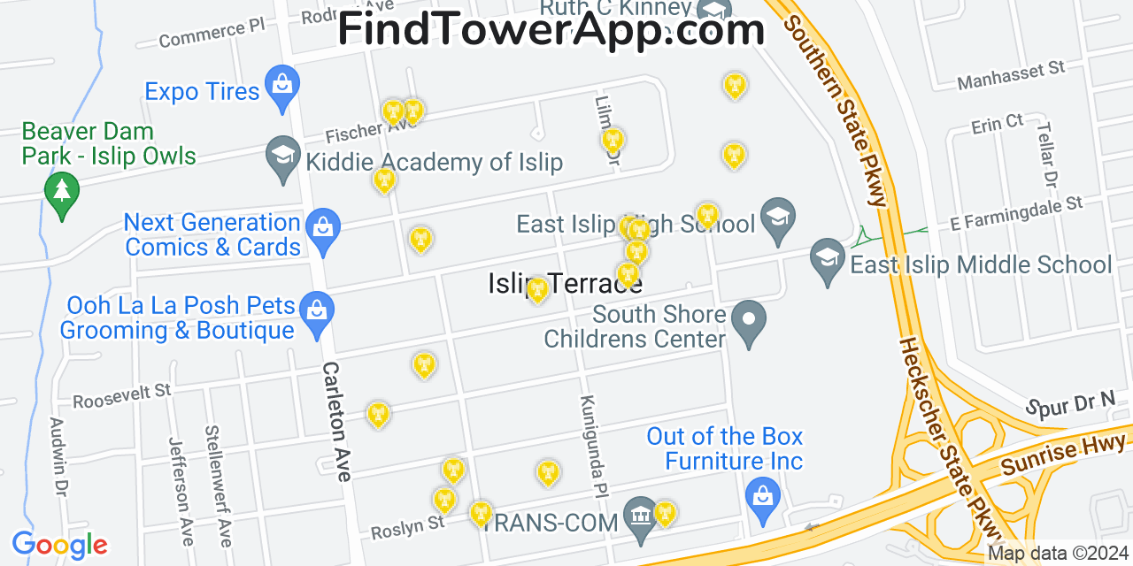AT&T 4G/5G cell tower coverage map Islip Terrace, New York