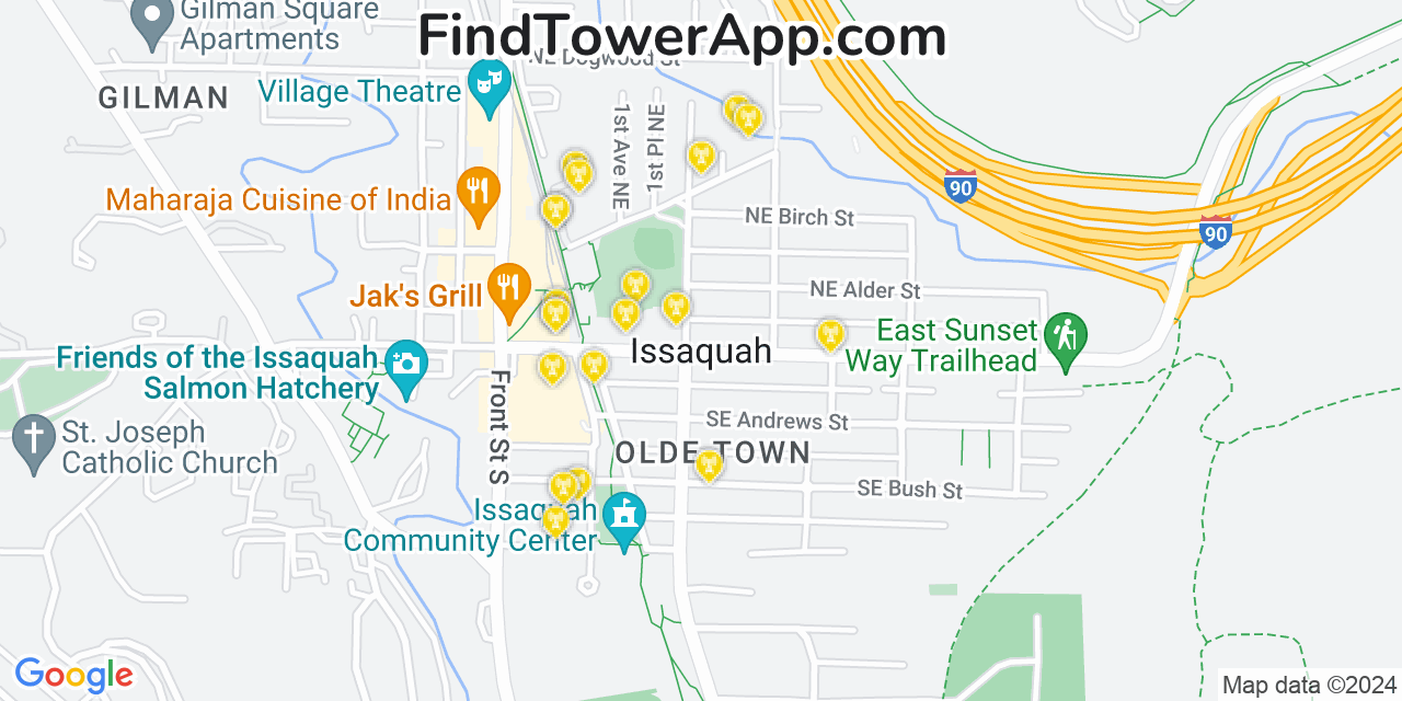AT&T 4G/5G cell tower coverage map Issaquah, Washington