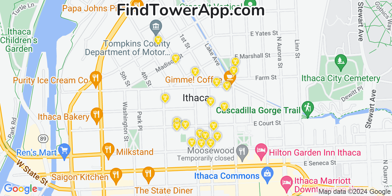 Verizon 4G/5G cell tower coverage map Ithaca, New York