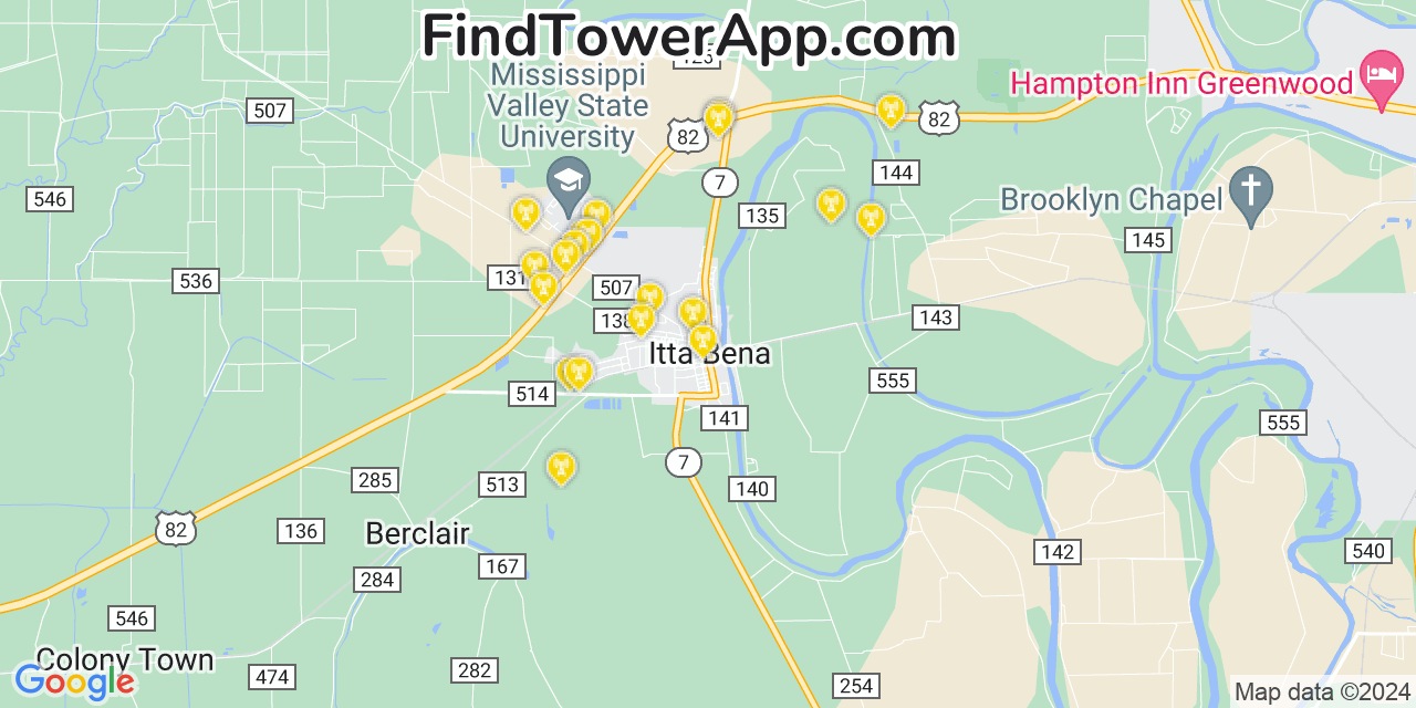 AT&T 4G/5G cell tower coverage map Itta Bena, Mississippi