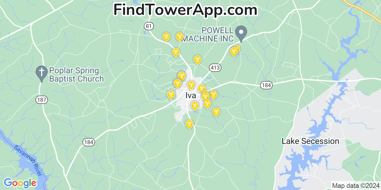 AT&T 4G/5G cell tower coverage map Iva, South Carolina
