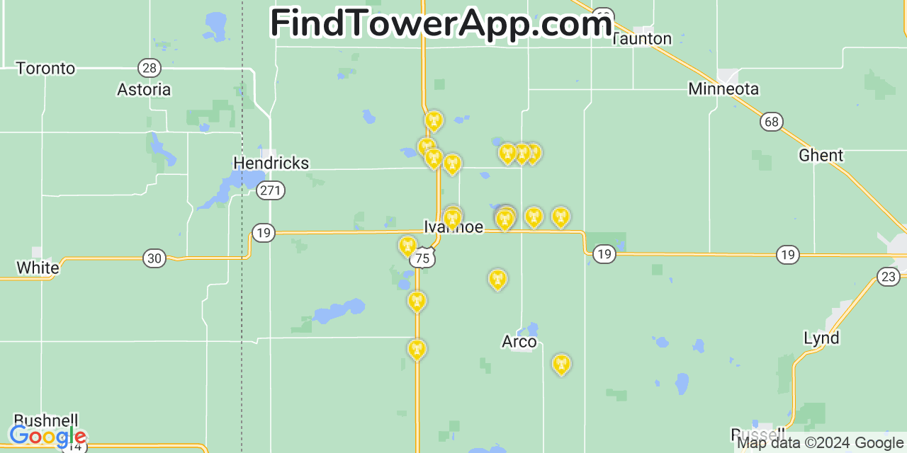 AT&T 4G/5G cell tower coverage map Ivanhoe, Minnesota