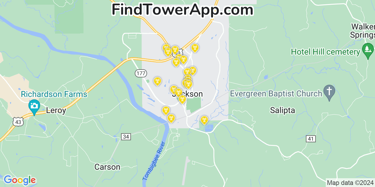 AT&T 4G/5G cell tower coverage map Jackson, Alabama