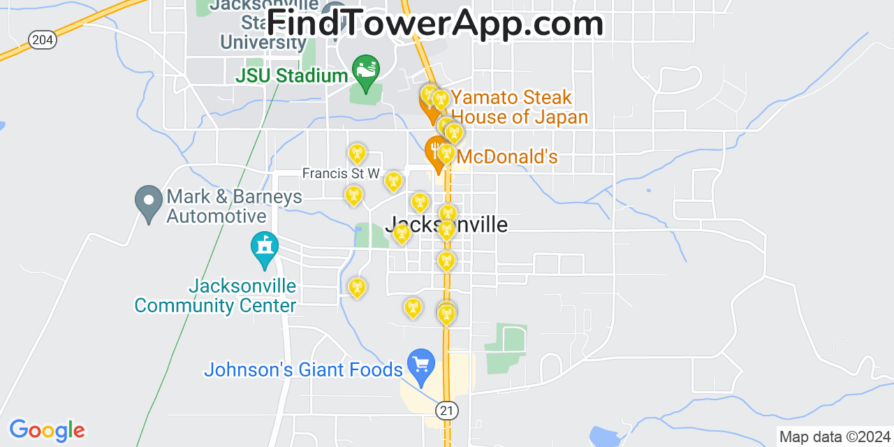 Verizon 4G/5G cell tower coverage map Jacksonville, Alabama