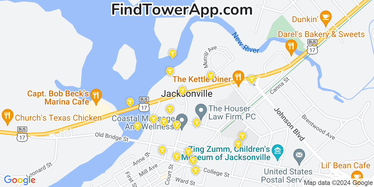 AT&T 4G/5G cell tower coverage map Jacksonville, North Carolina