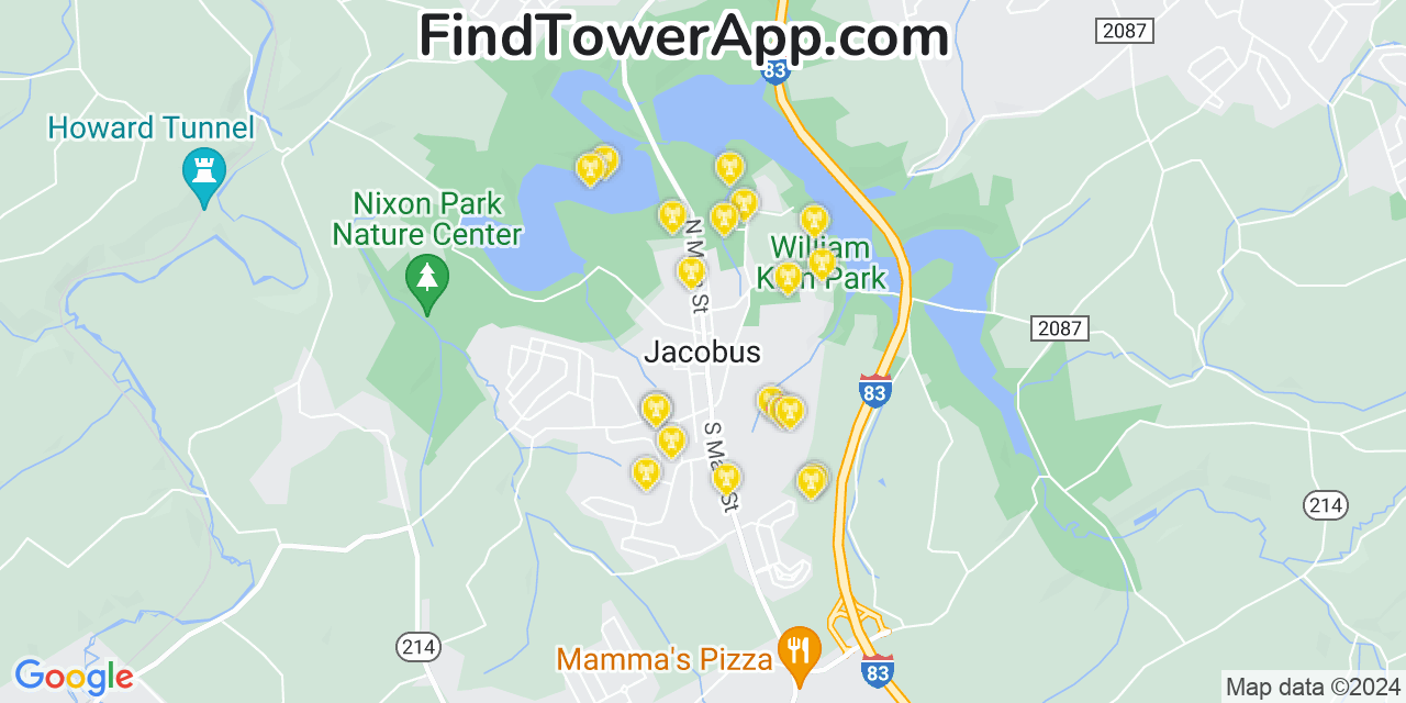 Verizon 4G/5G cell tower coverage map Jacobus, Pennsylvania