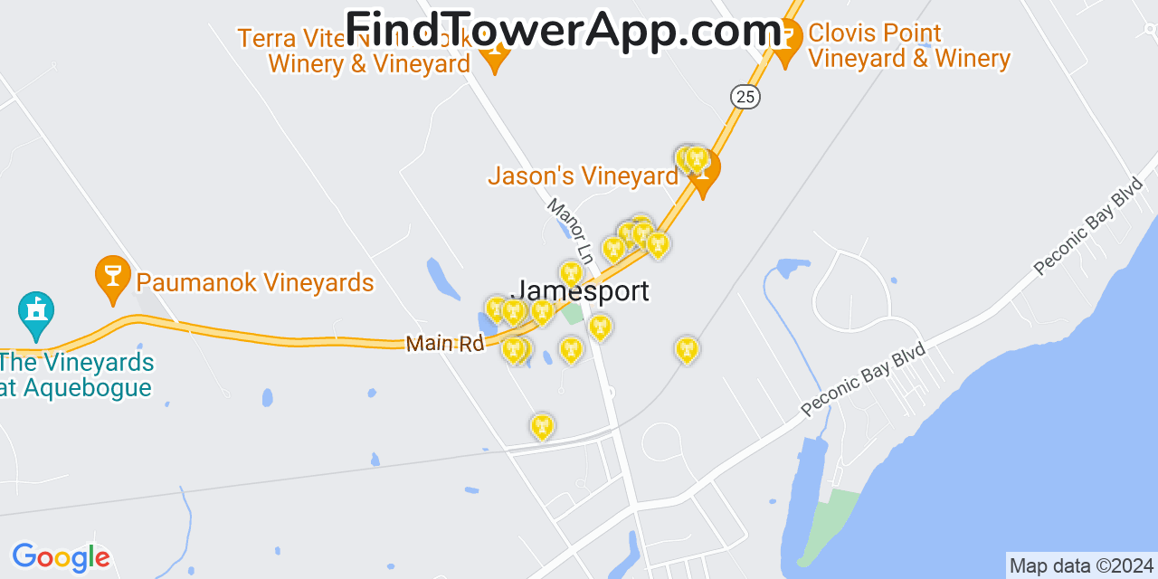 AT&T 4G/5G cell tower coverage map Jamesport, New York