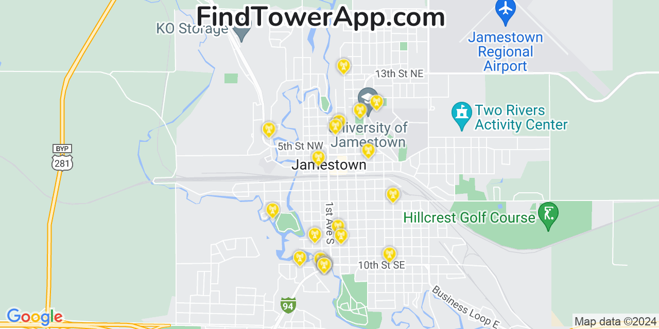 AT&T 4G/5G cell tower coverage map Jamestown, North Dakota