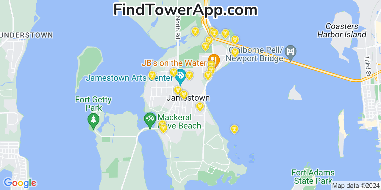 AT&T 4G/5G cell tower coverage map Jamestown, Rhode Island