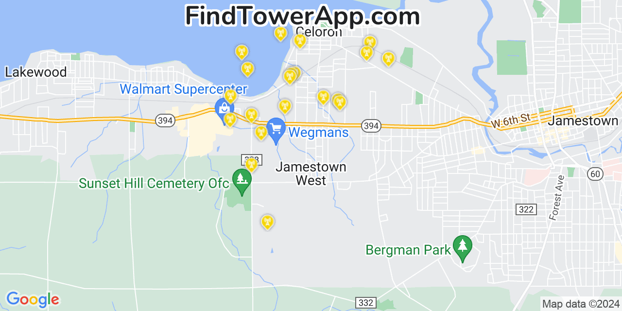 AT&T 4G/5G cell tower coverage map Jamestown West, New York