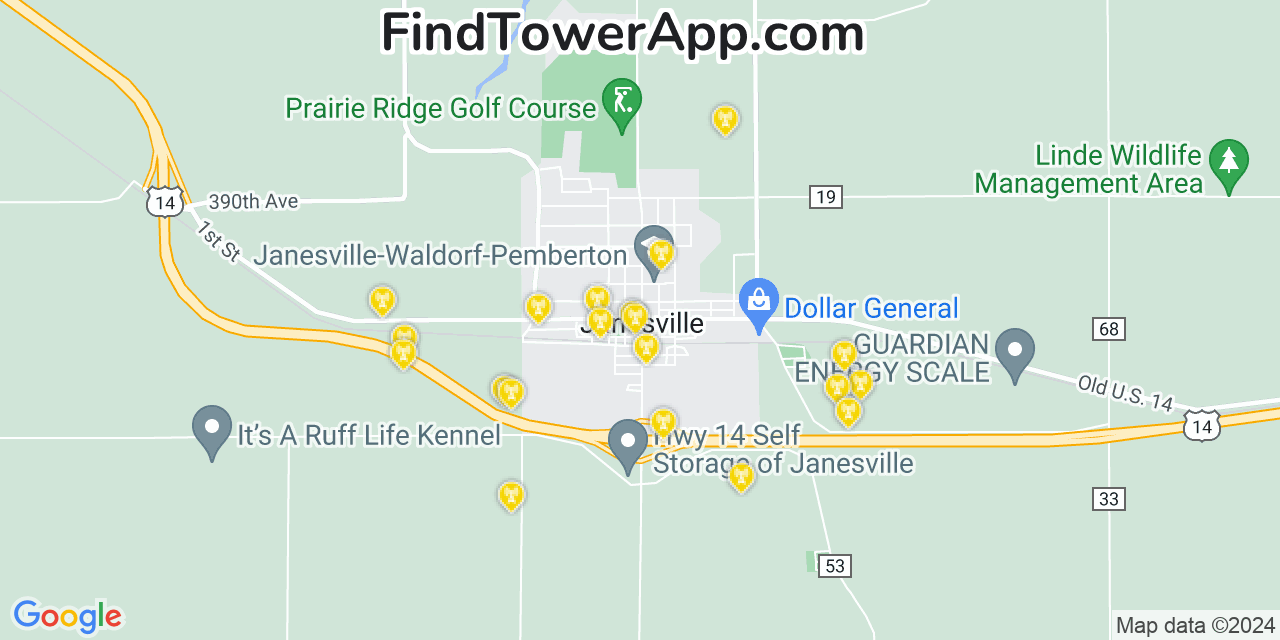 AT&T 4G/5G cell tower coverage map Janesville, Minnesota