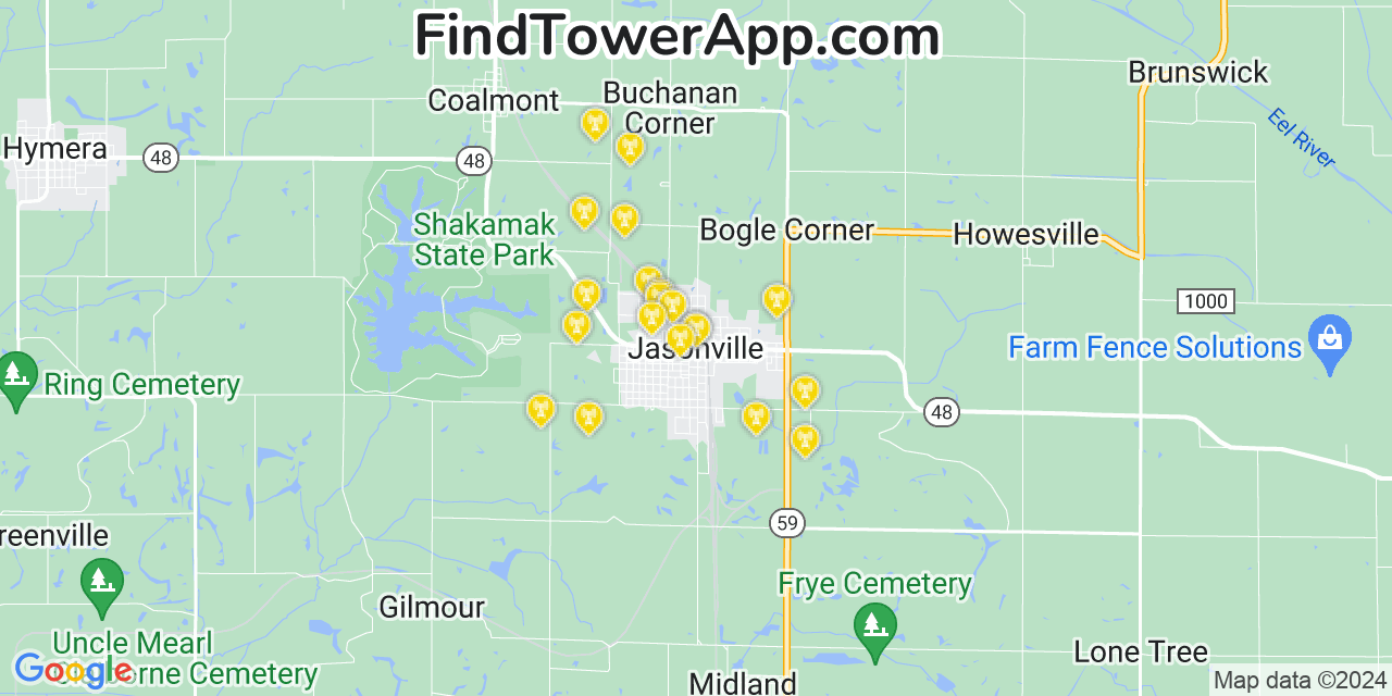 AT&T 4G/5G cell tower coverage map Jasonville, Indiana