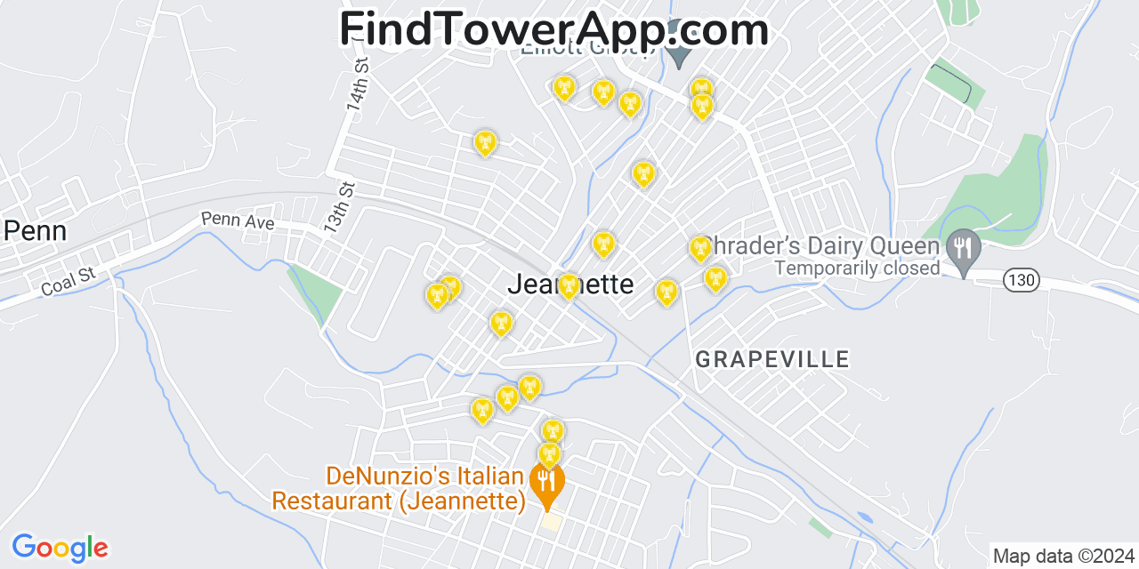 AT&T 4G/5G cell tower coverage map Jeannette, Pennsylvania