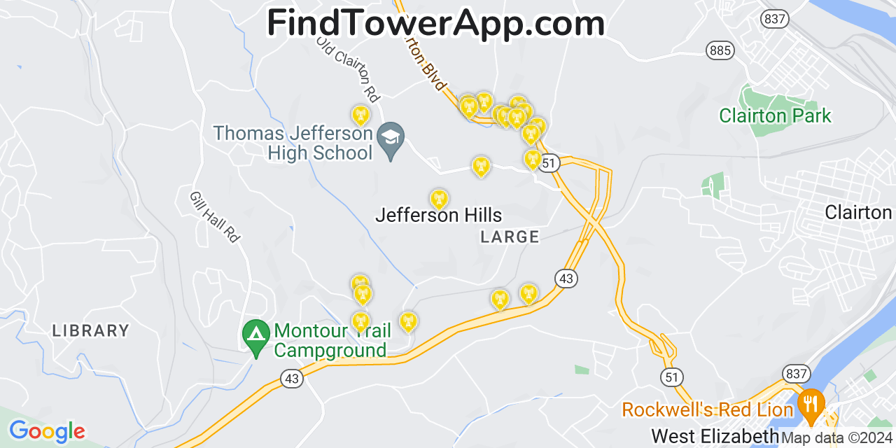 AT&T 4G/5G cell tower coverage map Jefferson Hills, Pennsylvania