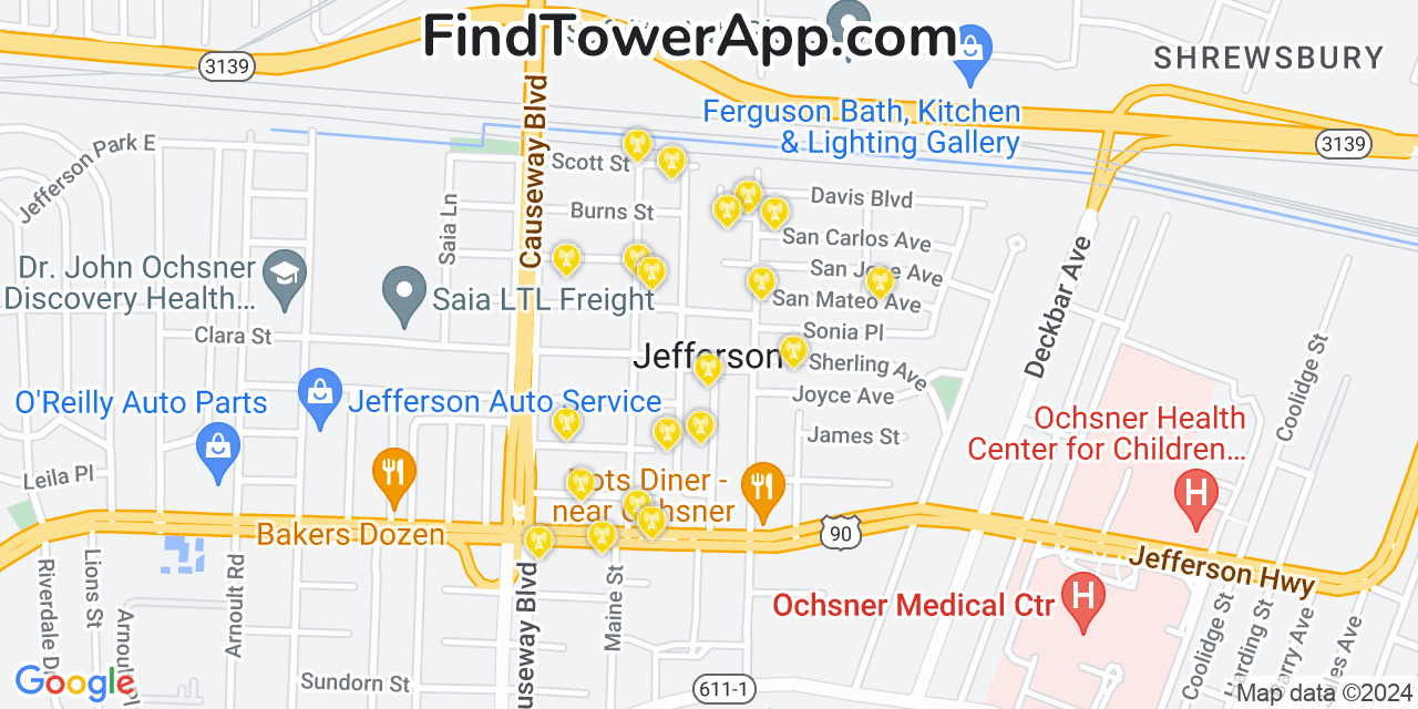 AT&T 4G/5G cell tower coverage map Jefferson, Louisiana