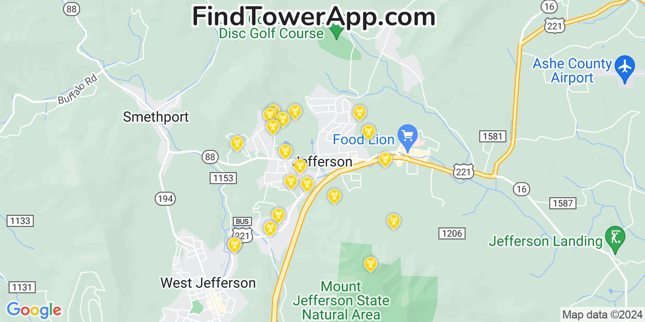 Verizon 4G/5G cell tower coverage map Jefferson, North Carolina