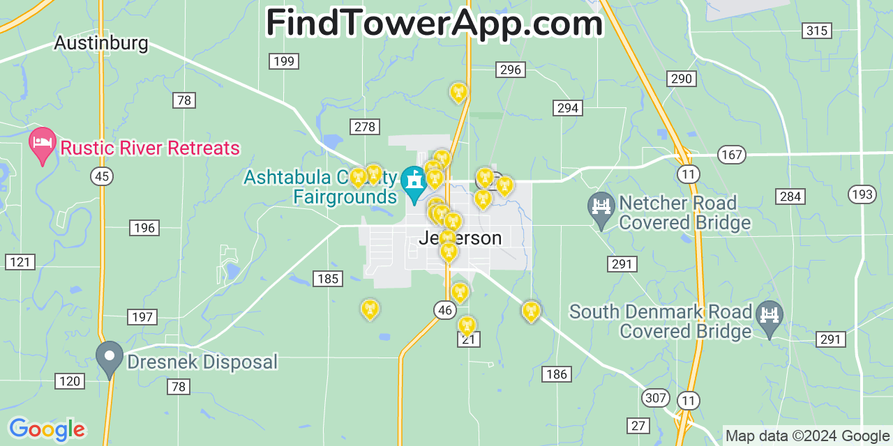 AT&T 4G/5G cell tower coverage map Jefferson, Ohio