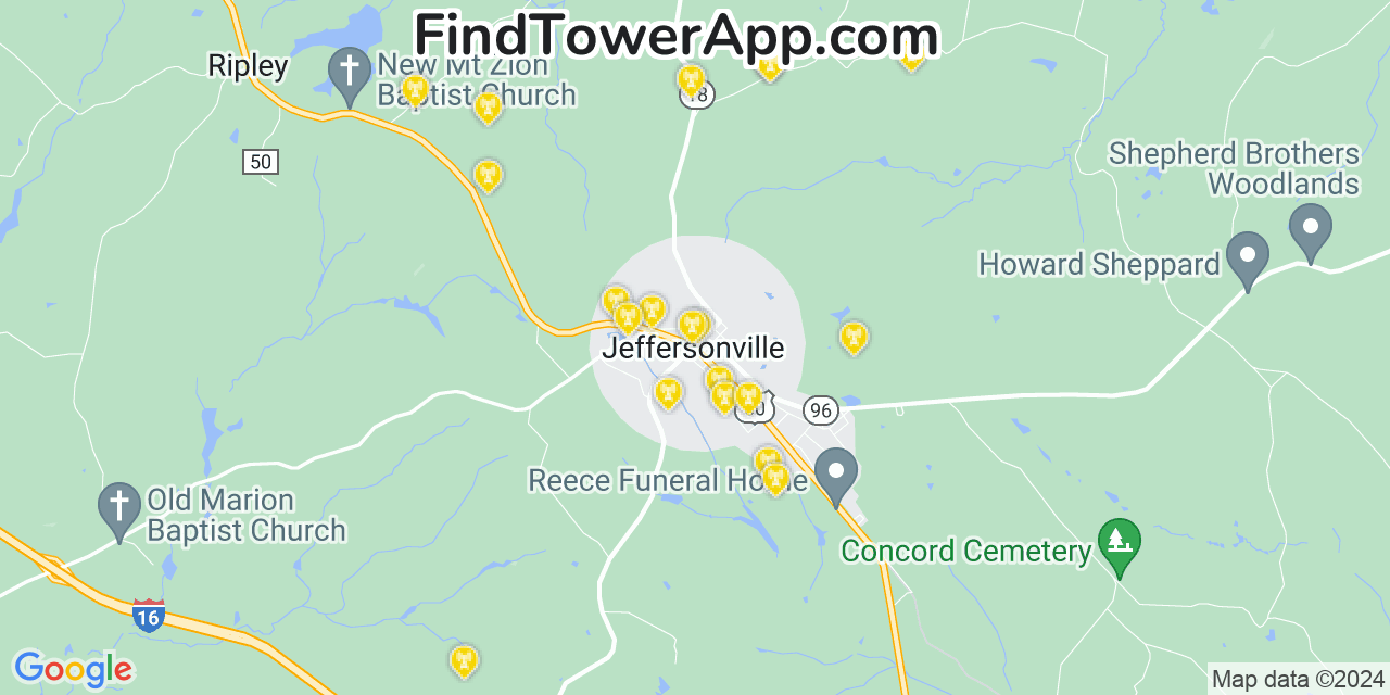 AT&T 4G/5G cell tower coverage map Jeffersonville, Georgia