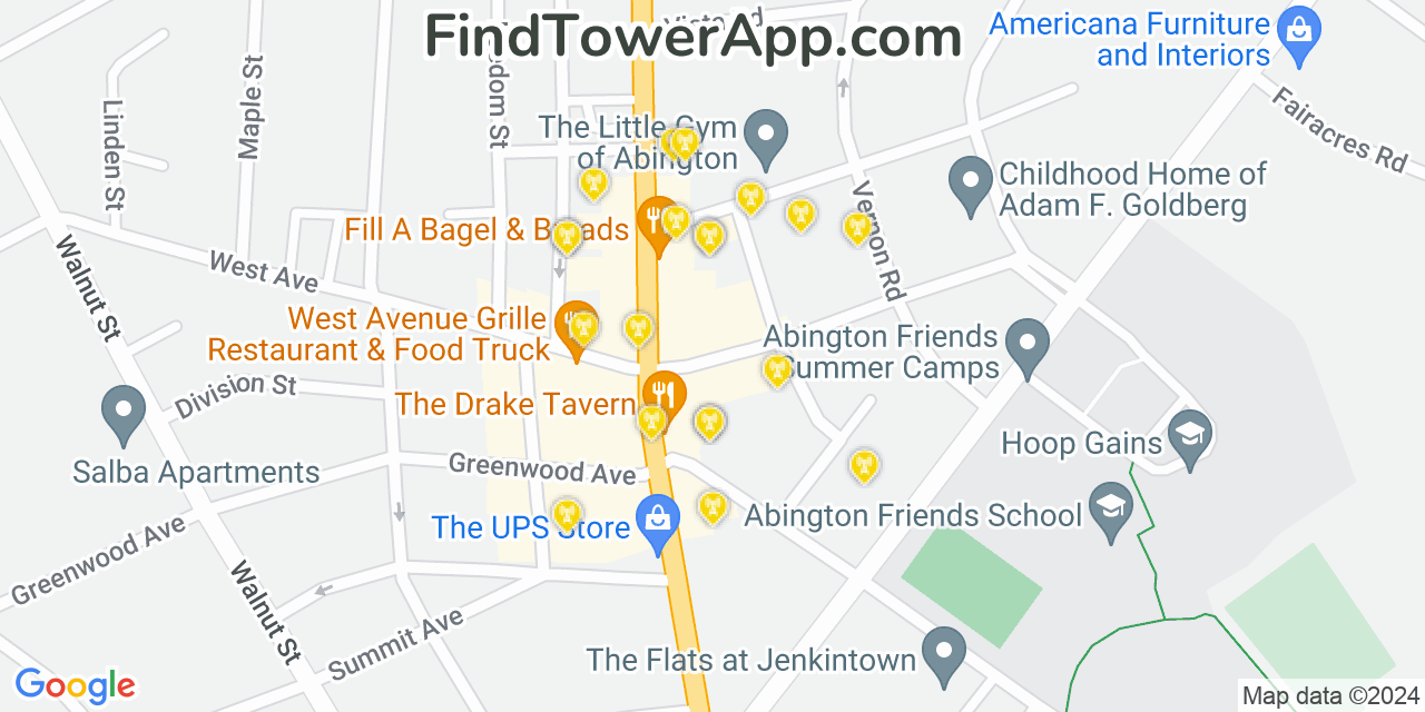 AT&T 4G/5G cell tower coverage map Jenkintown, Pennsylvania
