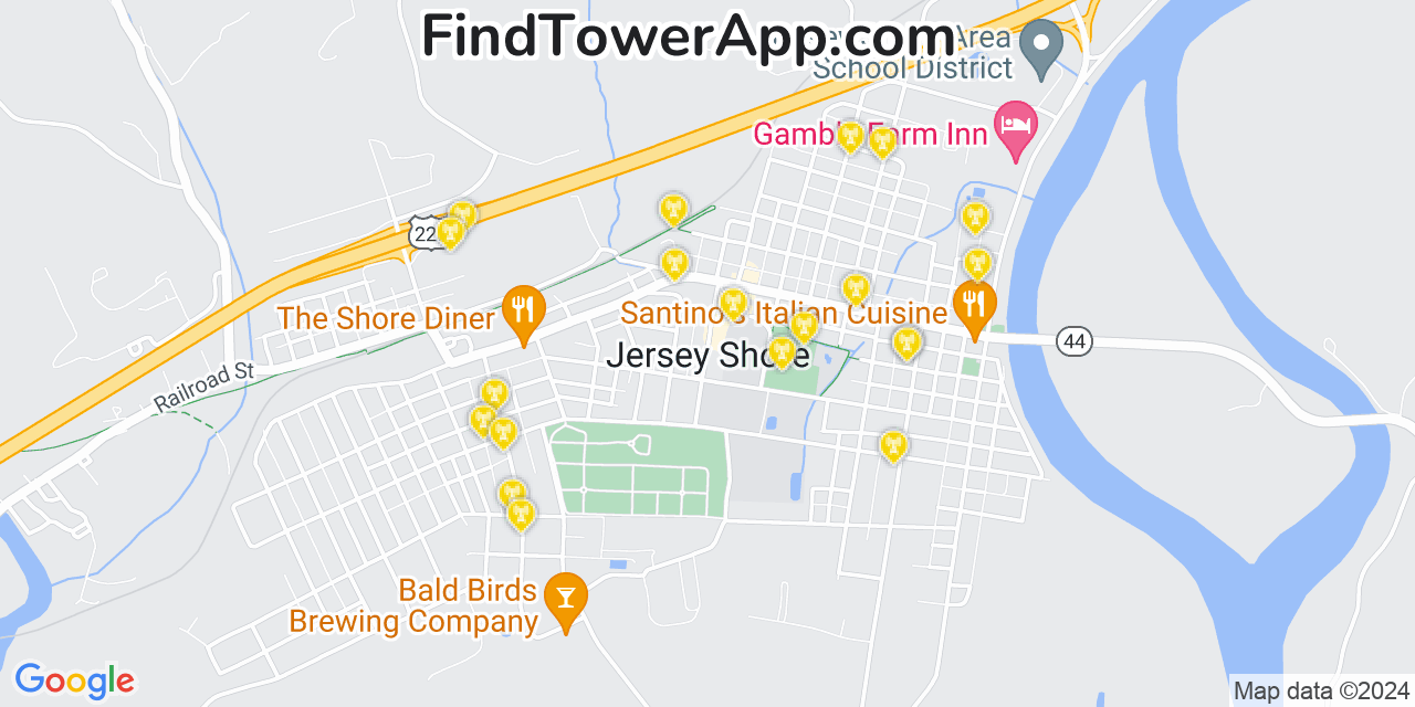 AT&T 4G/5G cell tower coverage map Jersey Shore, Pennsylvania