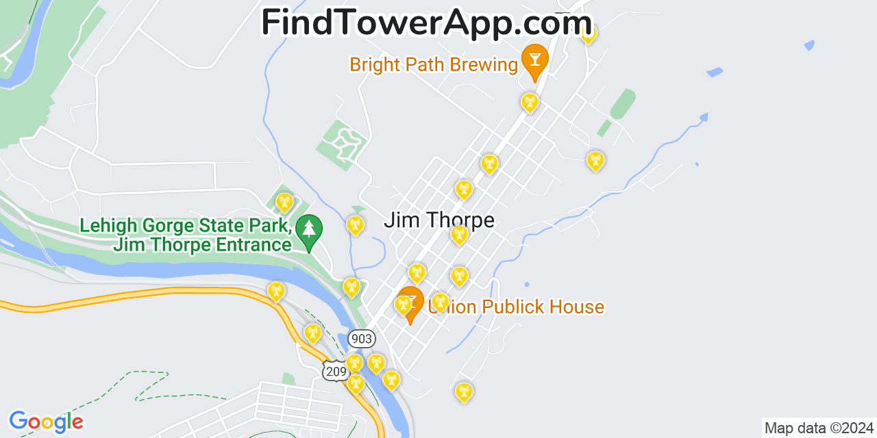 AT&T 4G/5G cell tower coverage map Jim Thorpe, Pennsylvania