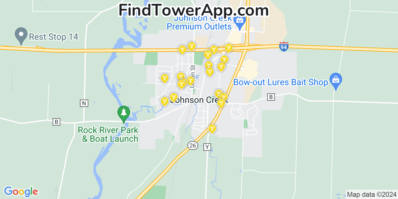 AT&T 4G/5G cell tower coverage map Johnson Creek, Wisconsin