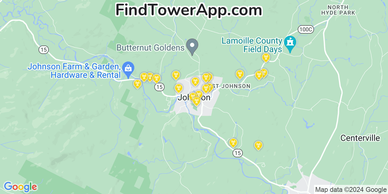 AT&T 4G/5G cell tower coverage map Johnson, Vermont