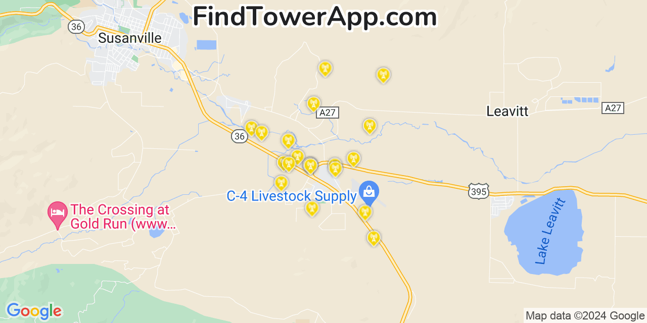 AT&T 4G/5G cell tower coverage map Johnstonville, California