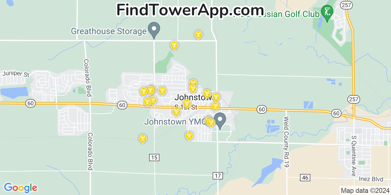 AT&T 4G/5G cell tower coverage map Johnstown, Colorado