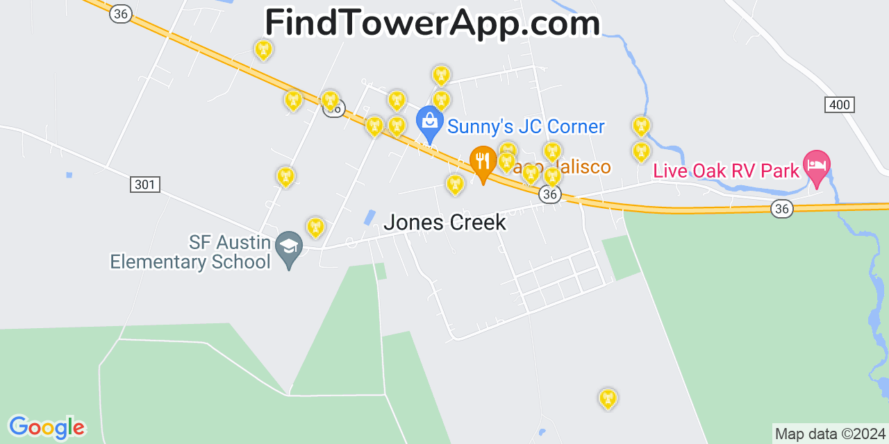 AT&T 4G/5G cell tower coverage map Jones Creek, Texas