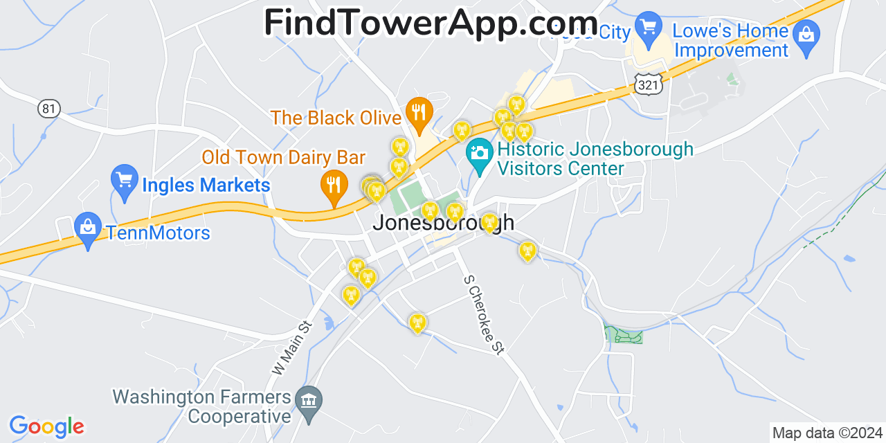 AT&T 4G/5G cell tower coverage map Jonesborough, Tennessee