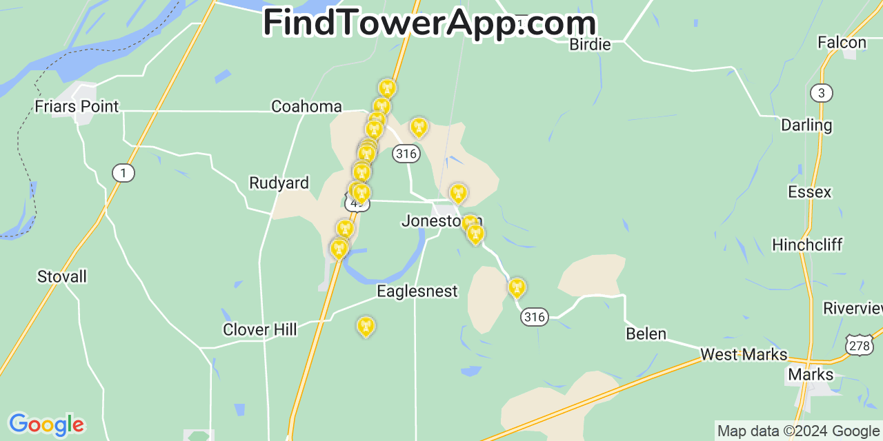 AT&T 4G/5G cell tower coverage map Jonestown, Mississippi