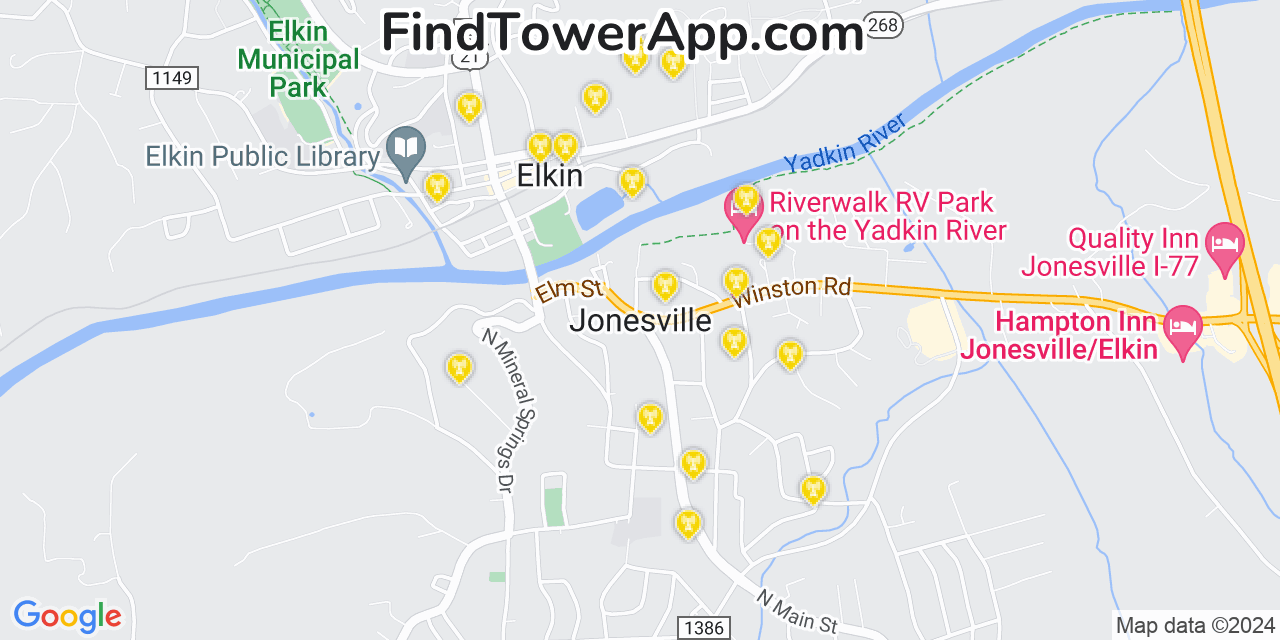AT&T 4G/5G cell tower coverage map Jonesville, North Carolina