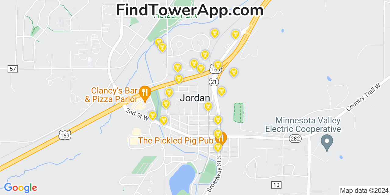 AT&T 4G/5G cell tower coverage map Jordan, Minnesota