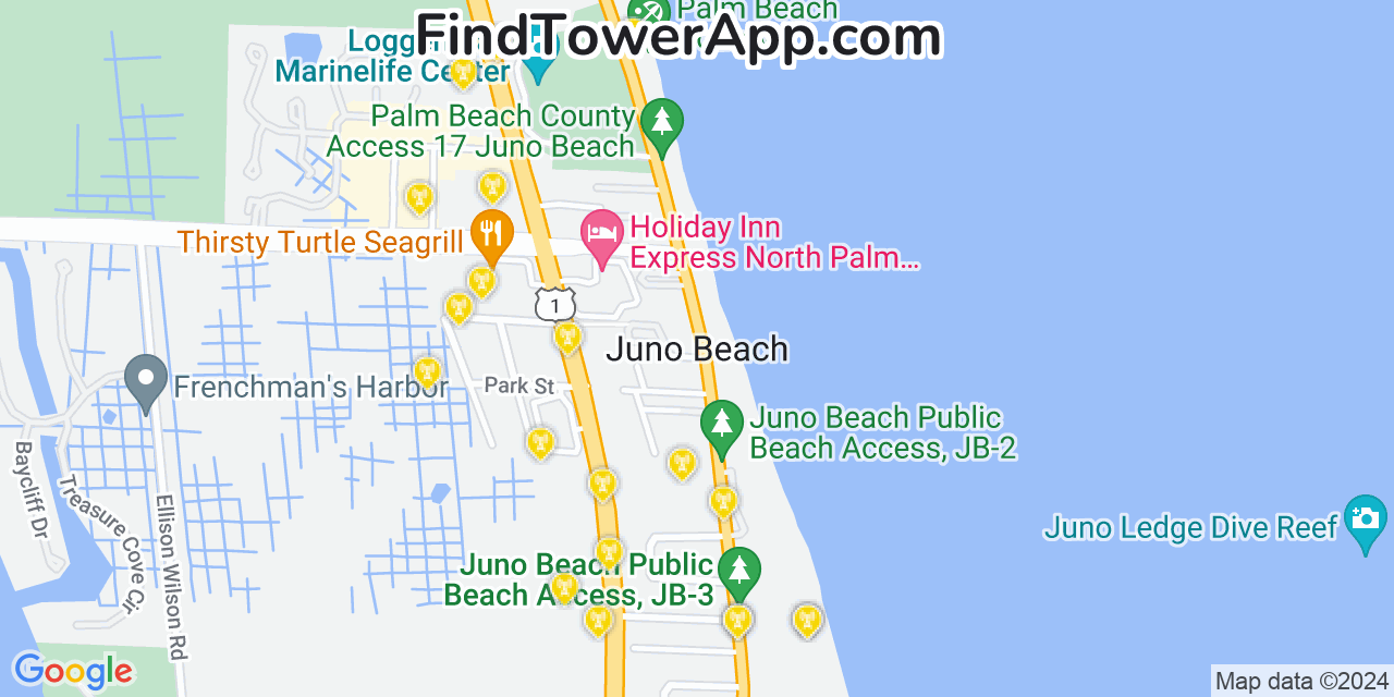 AT&T 4G/5G cell tower coverage map Juno Beach, Florida