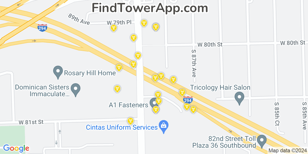 AT&T 4G/5G cell tower coverage map Justice, Illinois