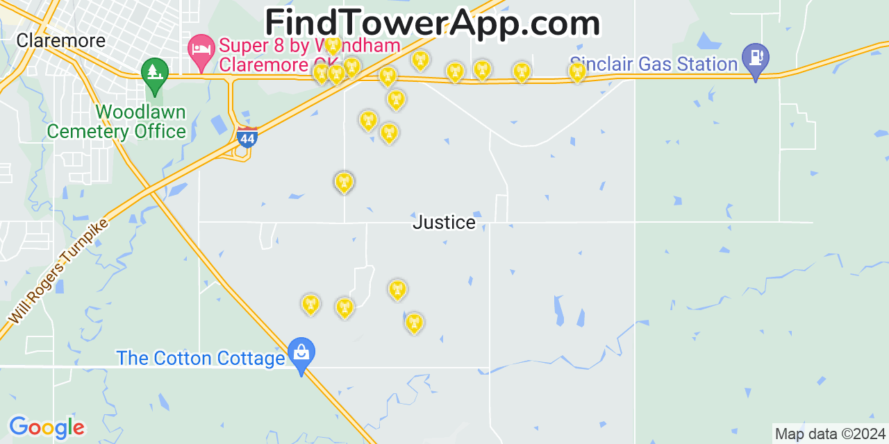 AT&T 4G/5G cell tower coverage map Justice, Oklahoma